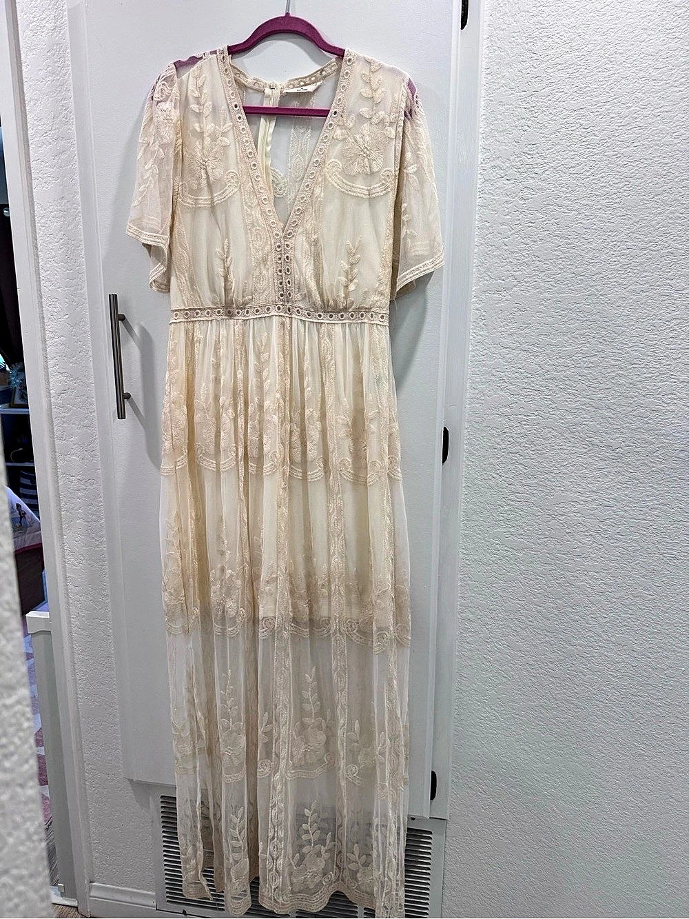 Vintage Boho Ivory Lace Embroidered Maxi Dress Size XL